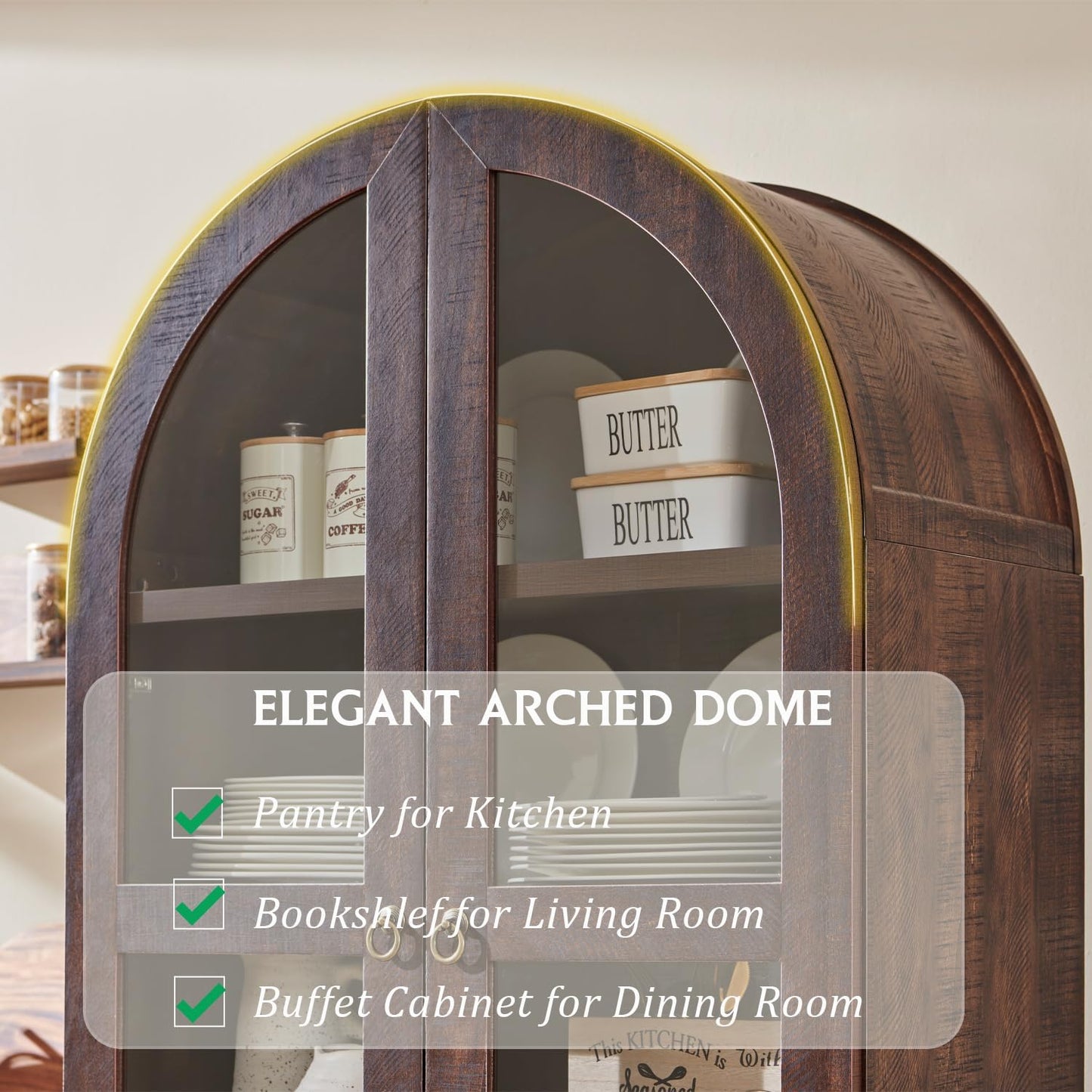 71" Brown Arched Kitchen Pantry Cabinet with 2 Drawers and Adjustable Shelves, Modern Farmhouse Storage for Kitchen, Dining, Bathroom
