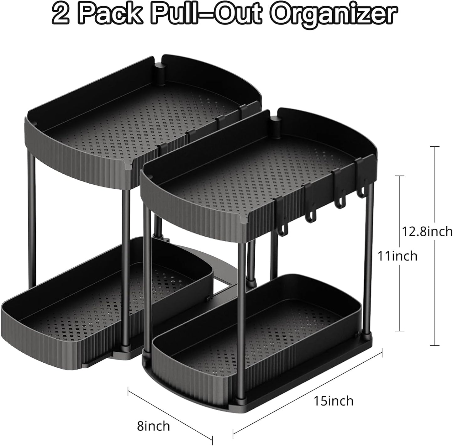 2 Pack Multi-Purpose Pull-Out Storage Organizers, 12.8" Under-Sink and Under-Cabinet Storage for Bathroom & Kitchen, Black