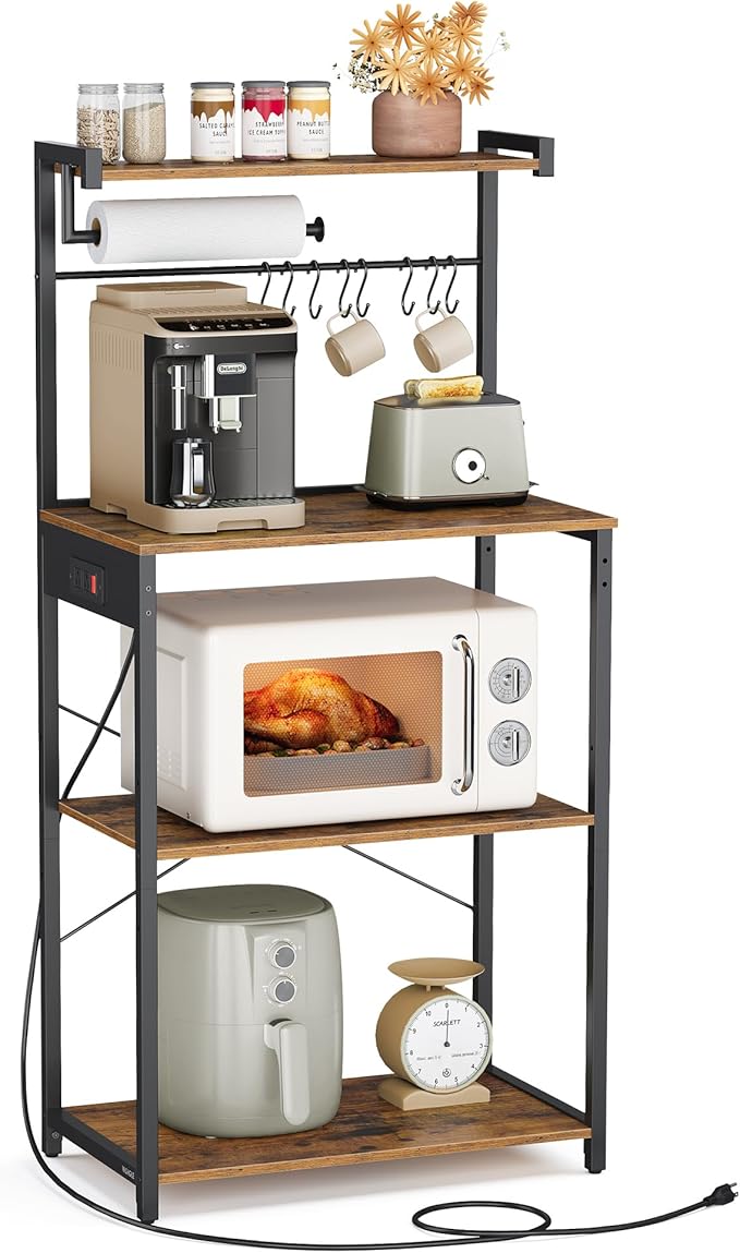 4-Tier Kitchen Bakers Rack with Power Outlet, Coffee Bar, Microwave Stand, Adjustable Shelf, 8 Hooks, Small Space Storage, Charcoal Gray and Ink Black