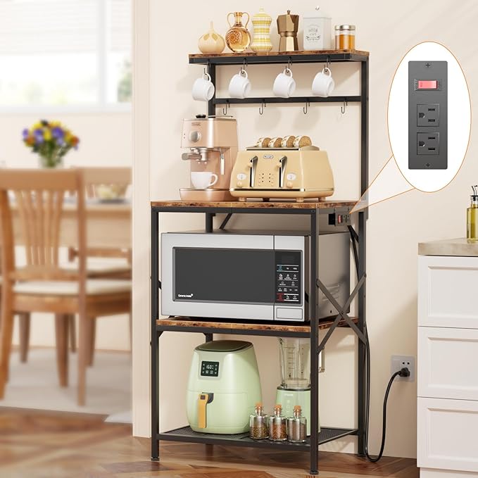 4-Tier Kitchen Bakers Rack with Power Outlet, Coffee Bar Table, Microwave Stand, 8 Hooks, Coffee Station Organizer, Spice and Pot Storage, Black
