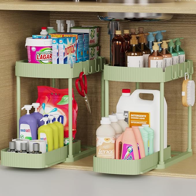2 Pack Multi-Purpose Pull-Out Storage Organizers, 12.8" Under-Sink and Under-Cabinet Storage for Bathroom & Kitchen, Black