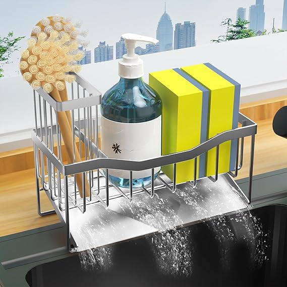 Sink Caddy Sponge Holder for Kitchen, Stainless Steel with Brush Holder and Self-Drain Tray, Rustproof Organizer for Sponge, Soap Dispenser, and Accessories