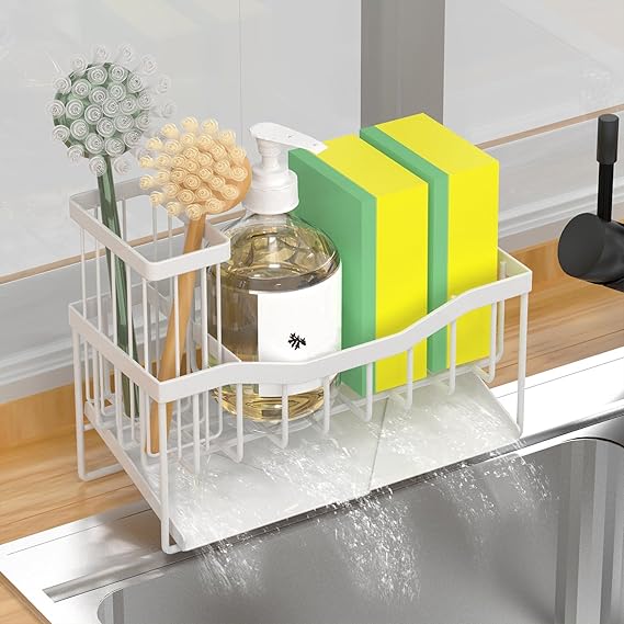 Sink Caddy Sponge Holder for Kitchen, Stainless Steel with Brush Holder and Self-Drain Tray, Rustproof Organizer for Sponge, Soap Dispenser, and Accessories