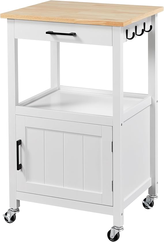 Small Kitchen Island on Wheels with Wood Top and Drawer, Trolley Cart with Open Shelf and Storage Cabinet, 22x18x35 Inches, Black