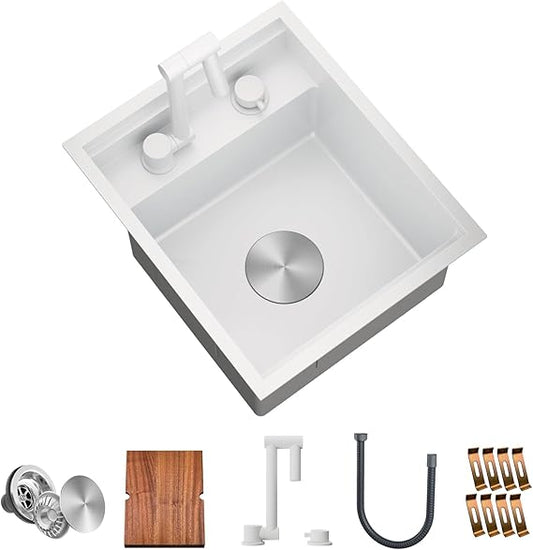 15x18x9-Inch Undermount Bar Kitchen Sink, 16-Gauge Stainless Steel Single Bowl Workstation with Faucet and Cutting Board, Dark Grey