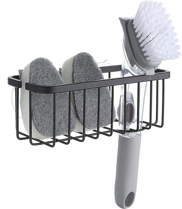 NeverRust Deluxe Kitchen & Bathroom Sink Sponge Holder Organizer, Adhesive Mount with Extra Suction Cup, 7.4 x 3.3 x 2.75", Sponge & Brush Not Included