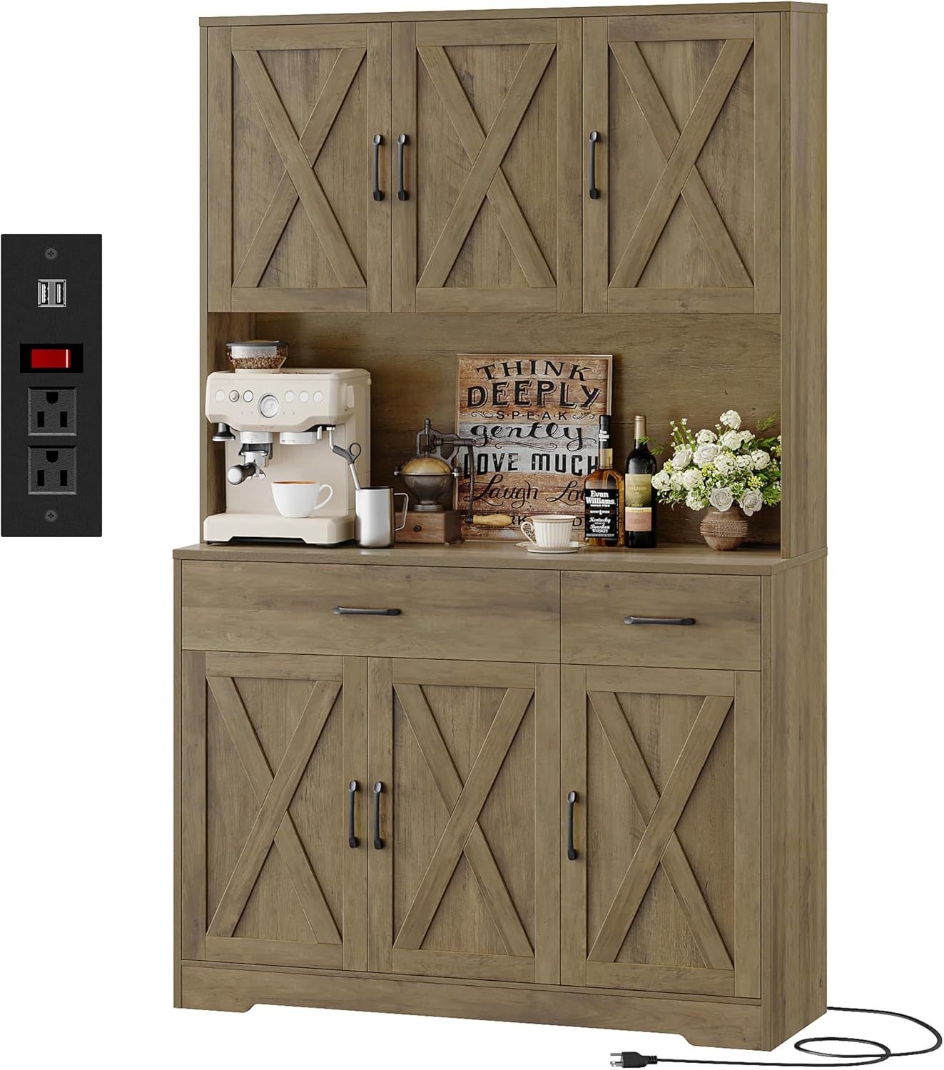 71" White Pantry Cabinet with Charging Station, Microwave Stand, Storage Drawers, Farmhouse Hutch for Kitchen, Dining, Living Room