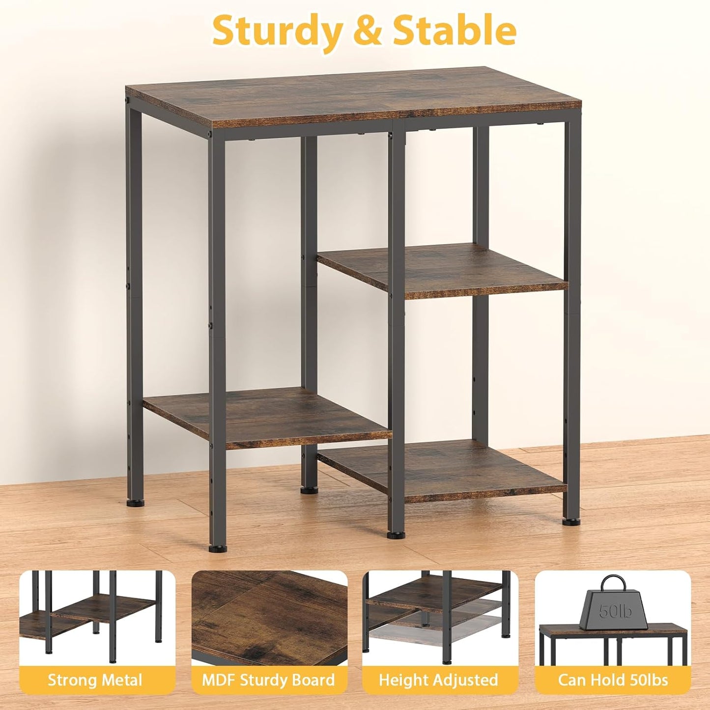 4-Tier Adjustable Kitchen Bakers Rack, Microwave Stand, Multi-Purpose Storage Cart for Coffee Station, Space-Saving Metal Appliance Shelf, Rustic Brown