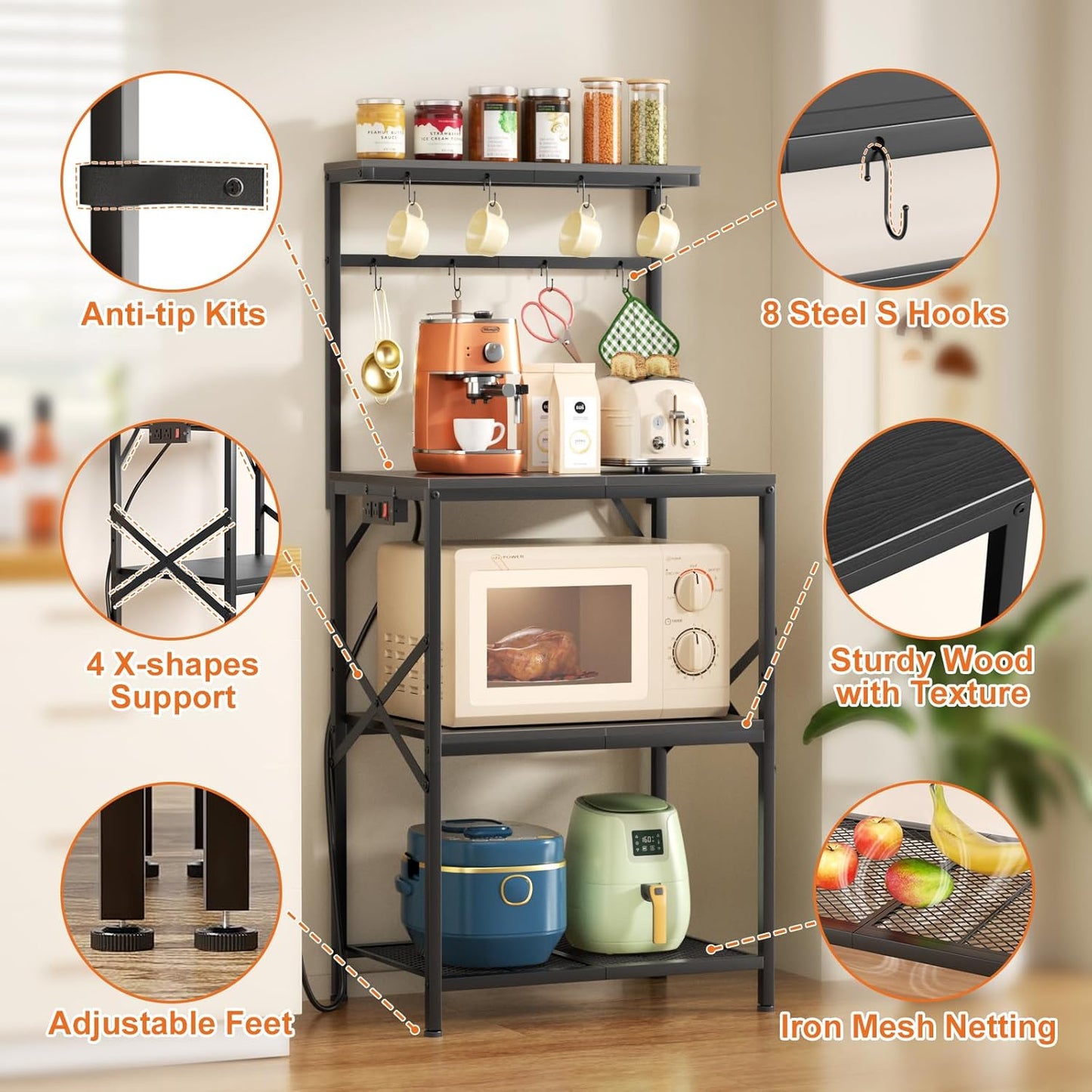 4-Tier Kitchen Bakers Rack with Power Outlet, Coffee Bar Table, Microwave Stand, 8 Hooks, Coffee Station Organizer, Spice and Pot Storage, Black