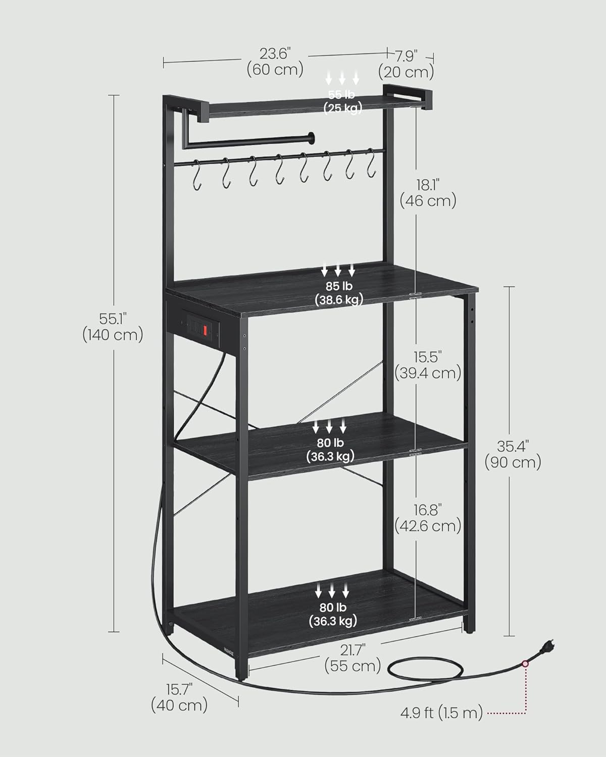 4-Tier Kitchen Bakers Rack with Power Outlet, Coffee Bar, Microwave Stand, Adjustable Shelf, 8 Hooks, Small Space Storage, Charcoal Gray and Ink Black
