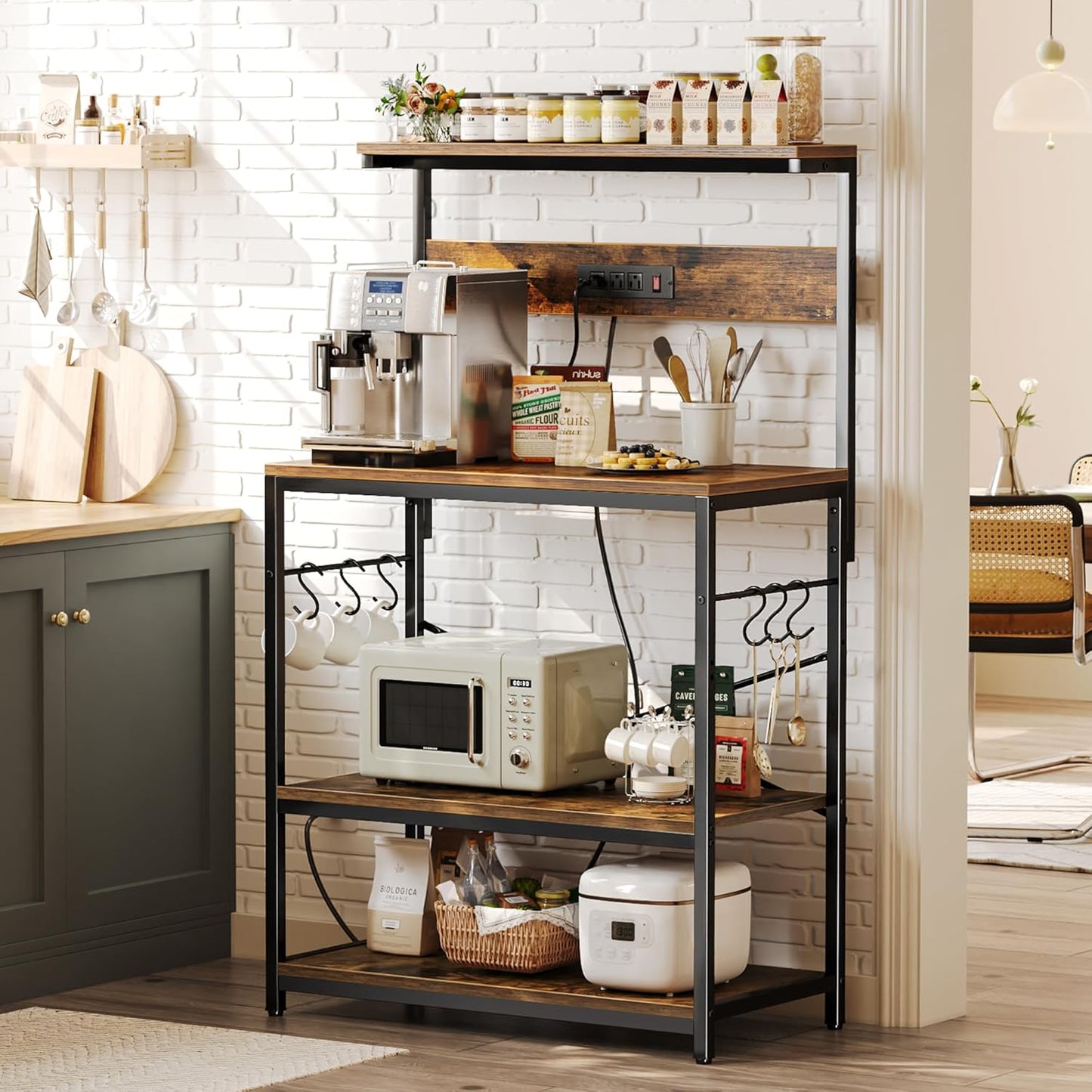 Bakers Rack with Power Outlets, 31.5x16.5 Inch Desktop, Adjustable Shelf, 6 Hooks, Rustic Brown