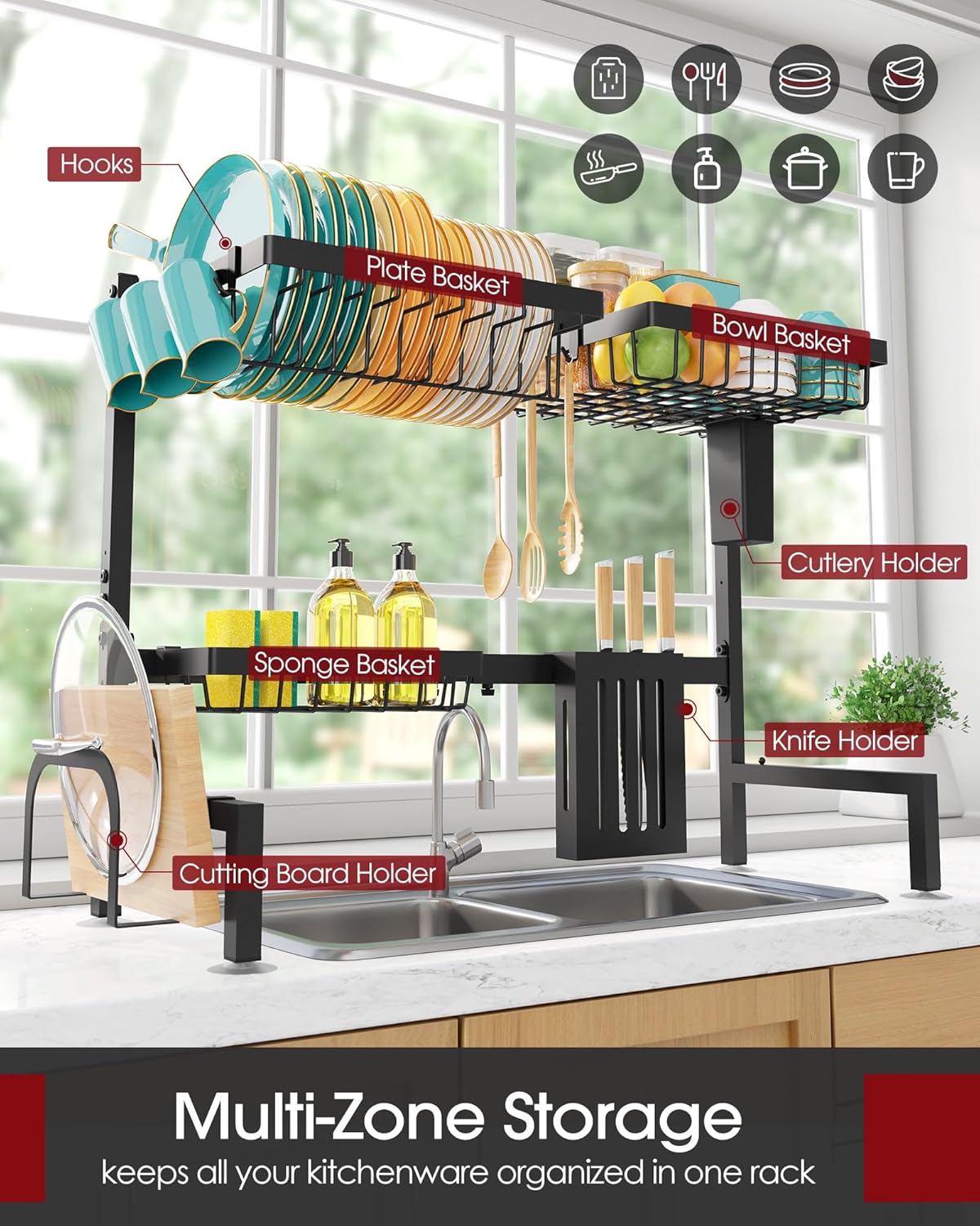Over-the-Sink 2-Tier Dish Drying Rack, Adjustable Stainless Steel Drainer with Cutlery Holders, 30-33.9x11x21.5", Black