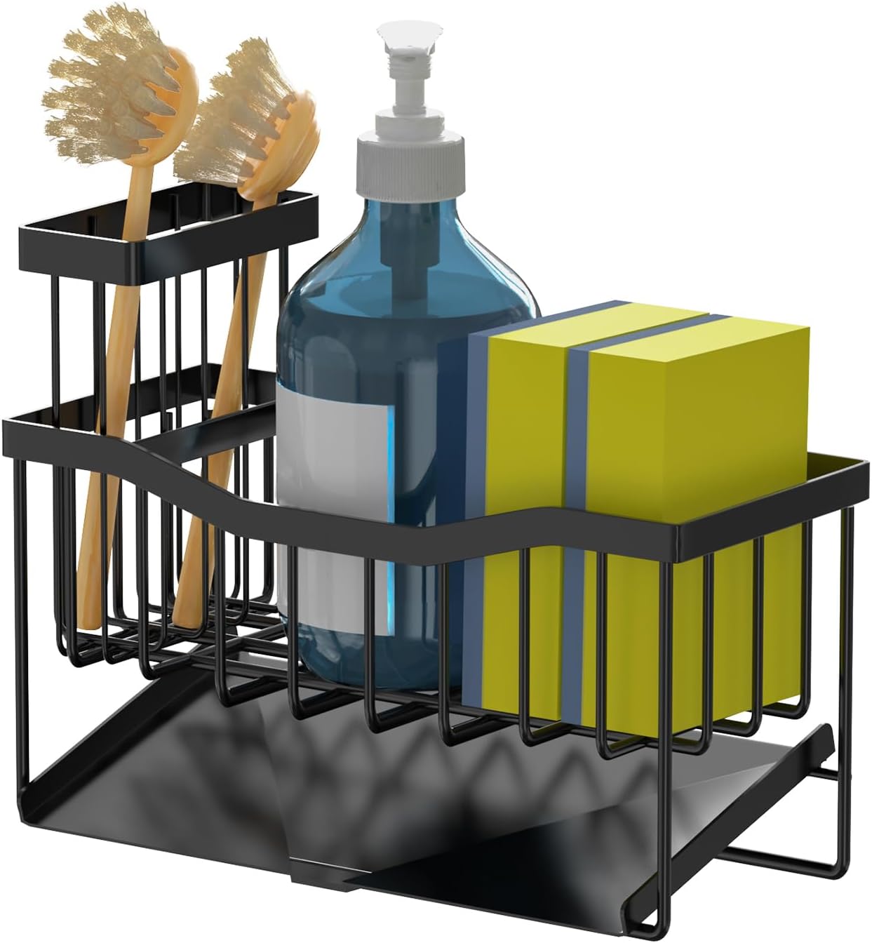 Sink Caddy Sponge Holder for Kitchen, Stainless Steel with Brush Holder and Self-Drain Tray, Rustproof Organizer for Sponge, Soap Dispenser, and Accessories