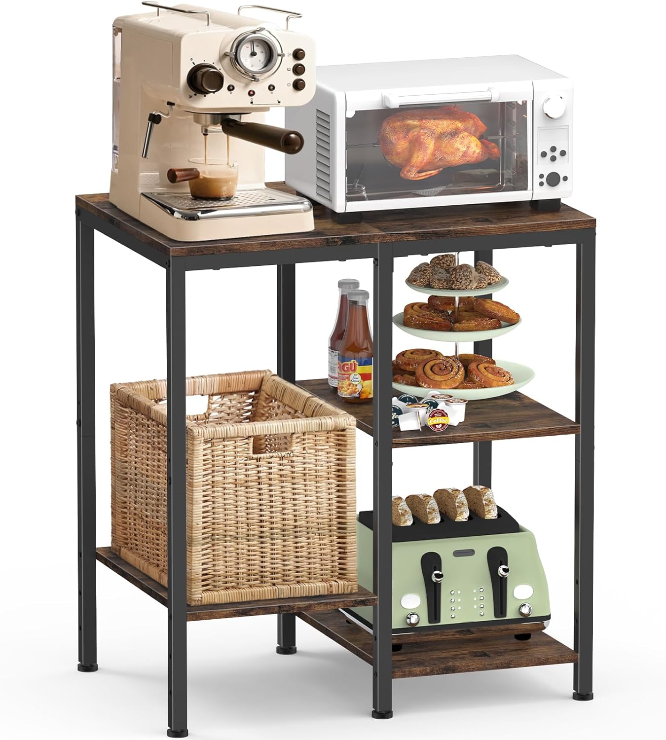 4-Tier Adjustable Kitchen Bakers Rack, Microwave Stand, Multi-Purpose Storage Cart for Coffee Station, Space-Saving Metal Appliance Shelf, Rustic Brown