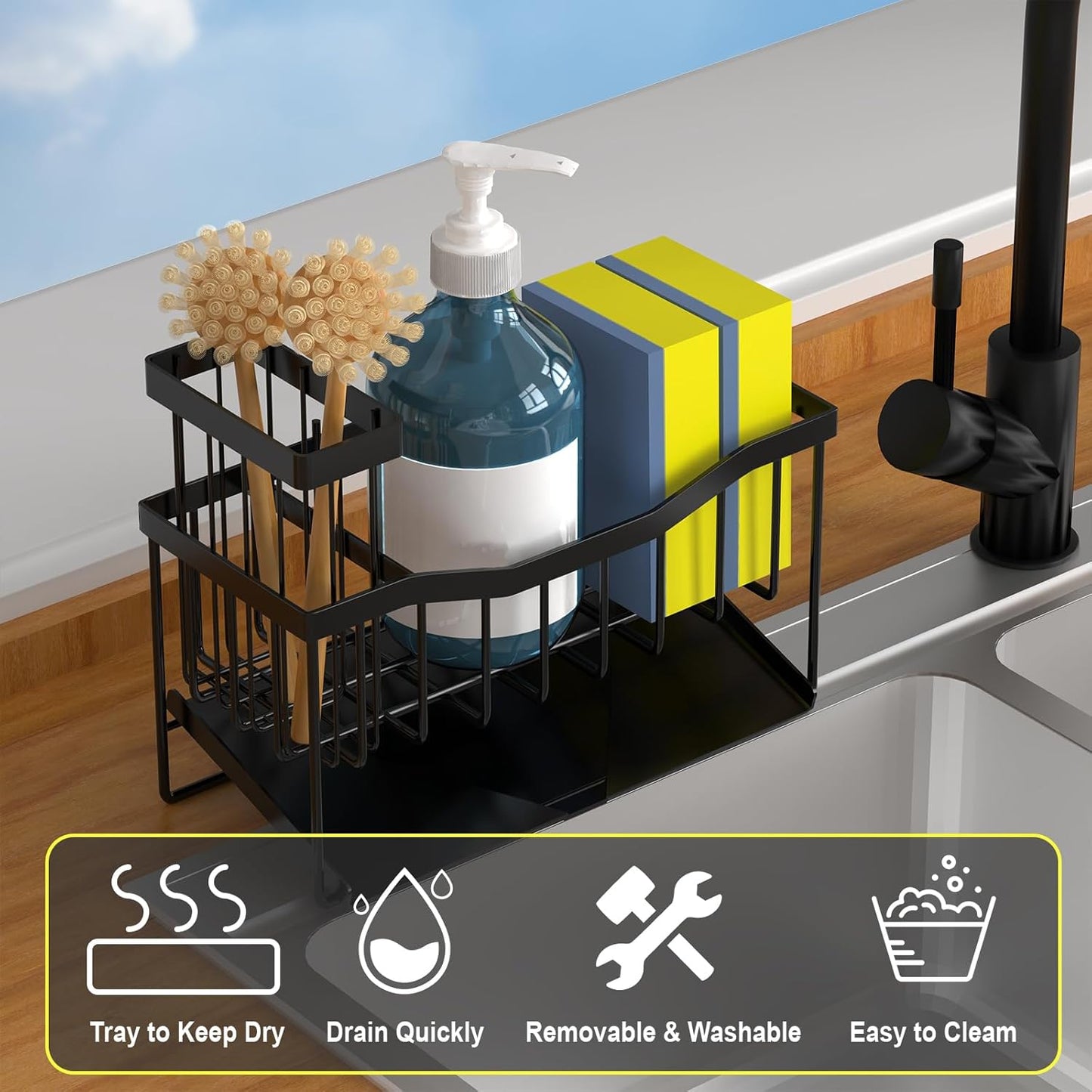 Sink Caddy Sponge Holder for Kitchen, Stainless Steel with Brush Holder and Self-Drain Tray, Rustproof Organizer for Sponge, Soap Dispenser, and Accessories