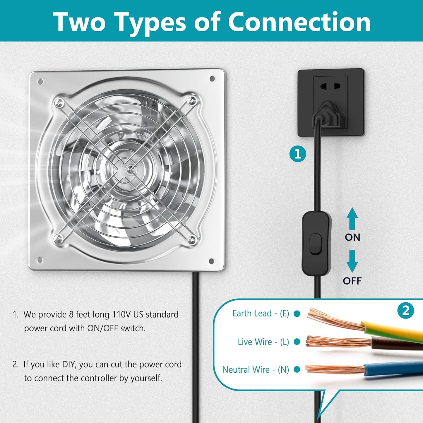 6" Kitchen and Attic Exhaust Fan with Switch, Portable Ventilation Fan with 8ft Power Cord and Damper, Silver