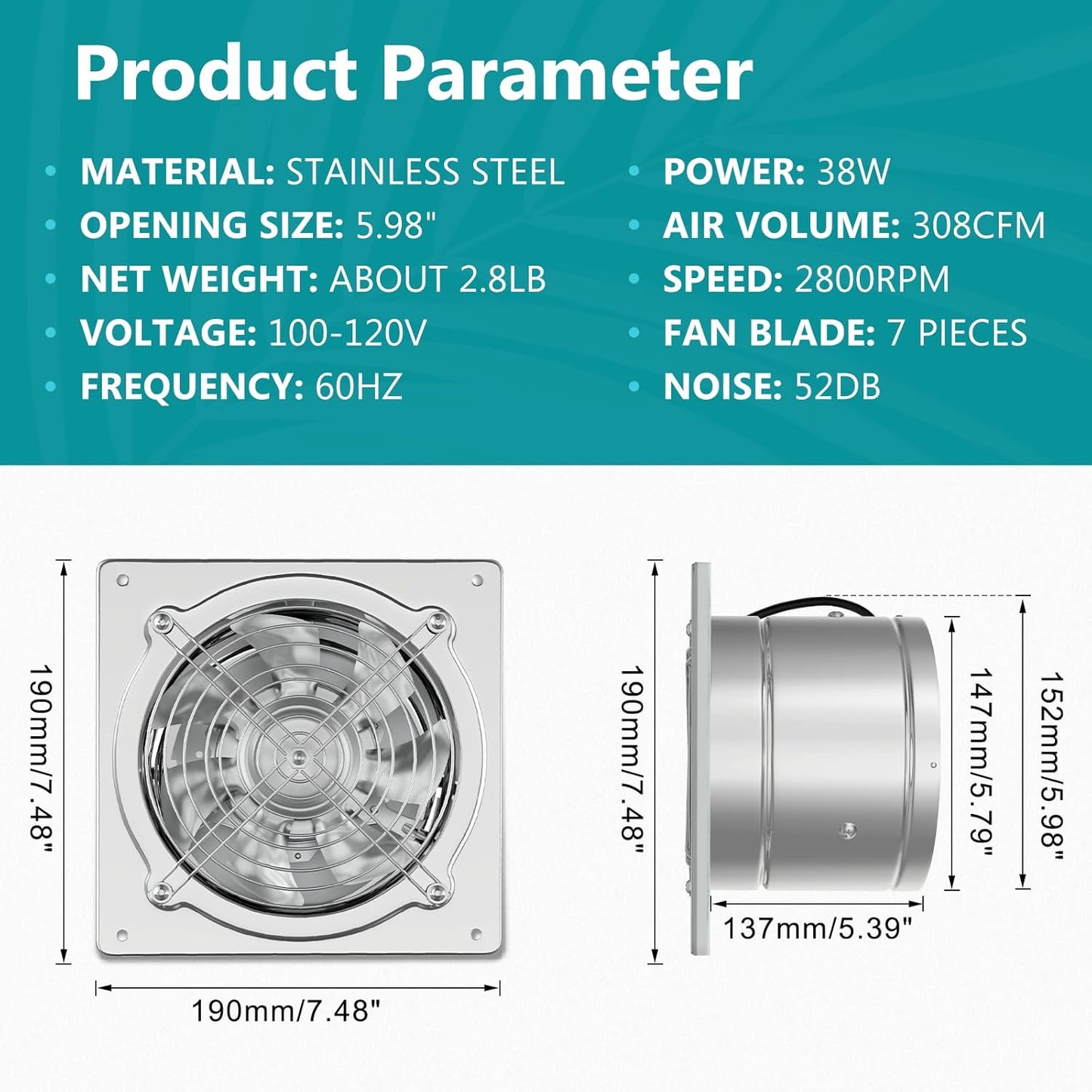 6" Kitchen and Attic Exhaust Fan with Switch, Portable Ventilation Fan with 8ft Power Cord and Damper, Silver