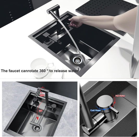 17.32x14.17x7.87-Inch Black Bar Kitchen Sink, Portable Single Bowl with Faucet and Stainless Steel Cover Plate
