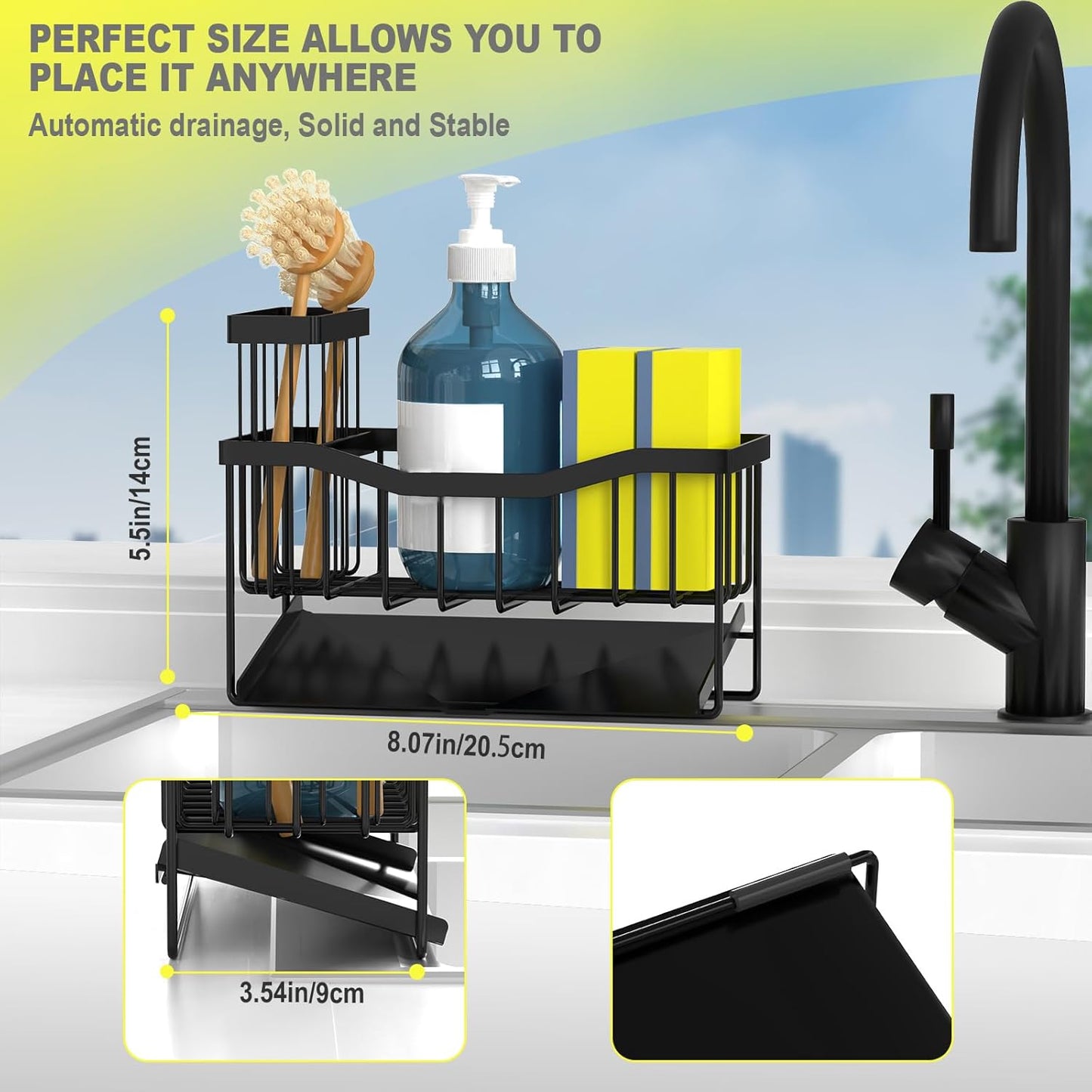 Sink Caddy Sponge Holder for Kitchen, Stainless Steel with Brush Holder and Self-Drain Tray, Rustproof Organizer for Sponge, Soap Dispenser, and Accessories
