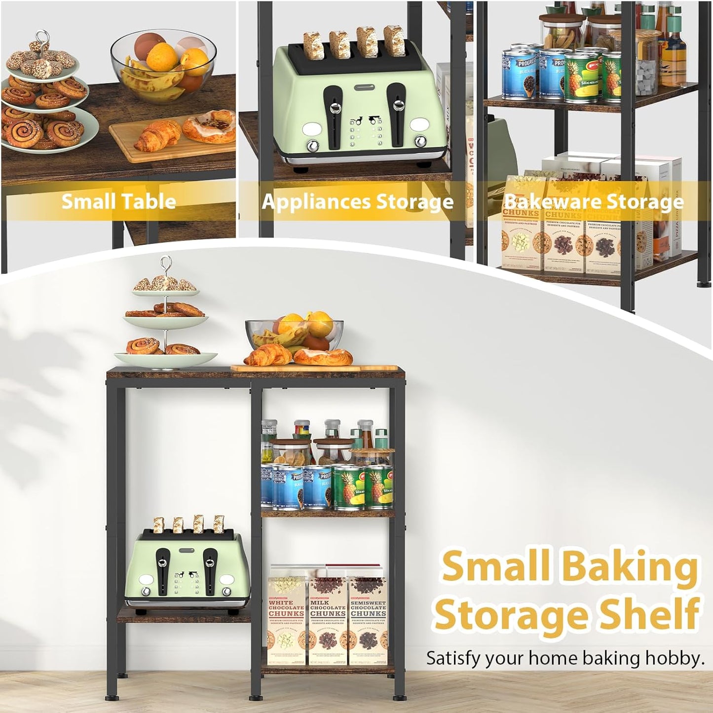 4-Tier Adjustable Kitchen Bakers Rack, Microwave Stand, Multi-Purpose Storage Cart for Coffee Station, Space-Saving Metal Appliance Shelf, Rustic Brown