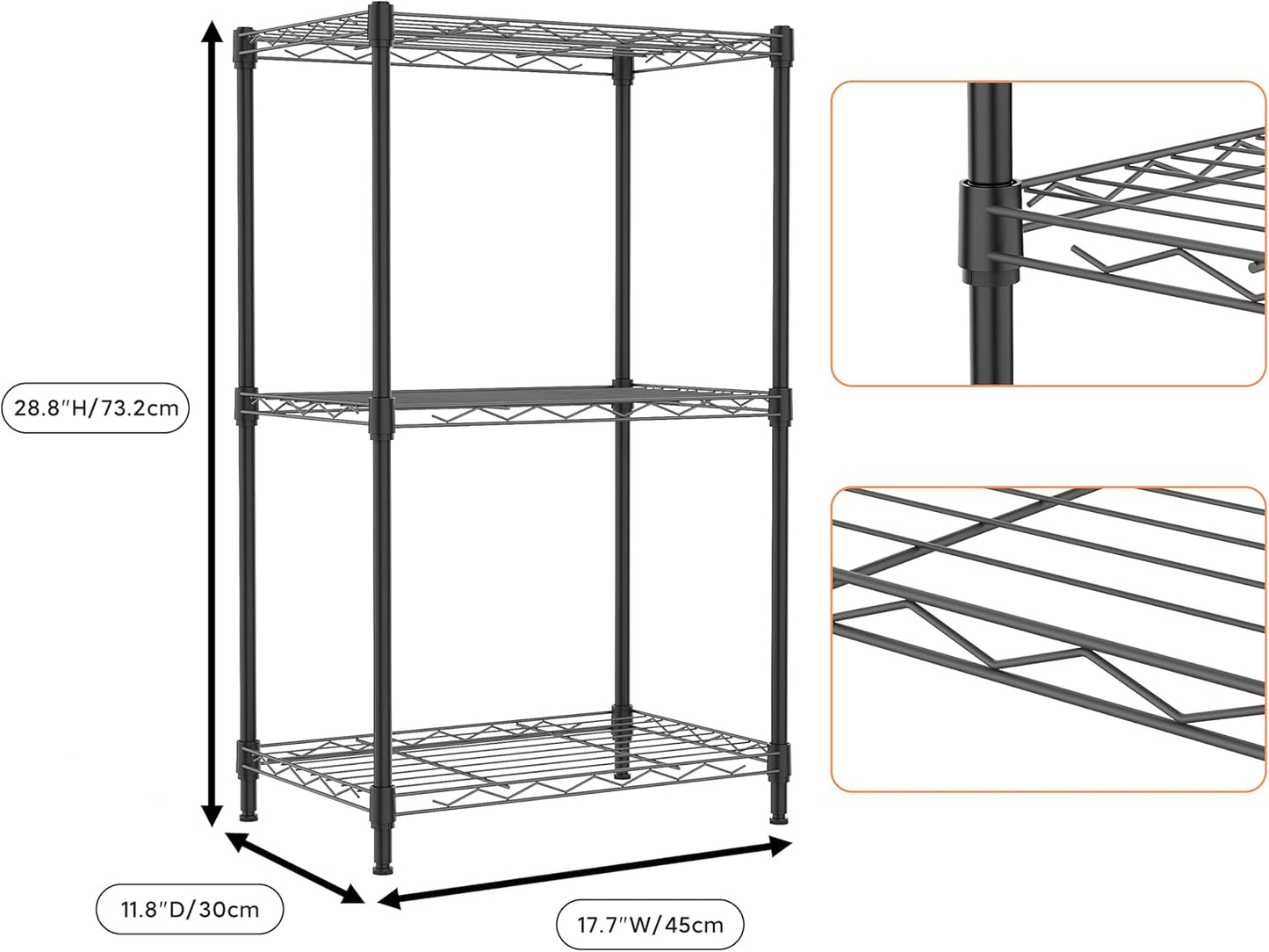 3-Tier Metal Storage Shelves with Wheels, Wire Rack Closet Organizer for Garage, Kitchen, Bathroom, Laundry, 11.8x17.7x28.8", Black