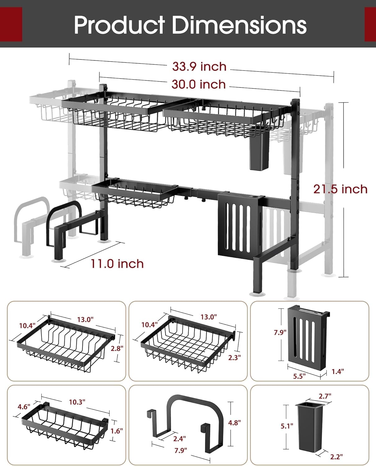 Over-the-Sink 2-Tier Dish Drying Rack, Adjustable Stainless Steel Drainer with Cutlery Holders, 30-33.9x11x21.5", Black