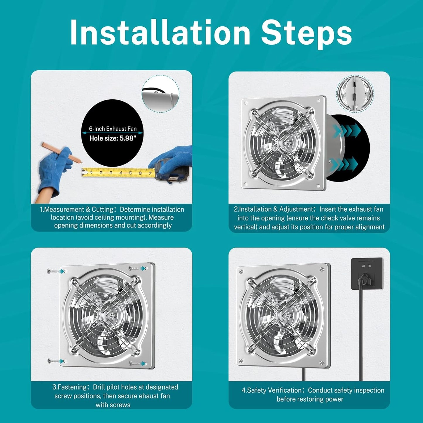 6" Kitchen and Attic Exhaust Fan with Switch, Portable Ventilation Fan with 8ft Power Cord and Damper, Silver