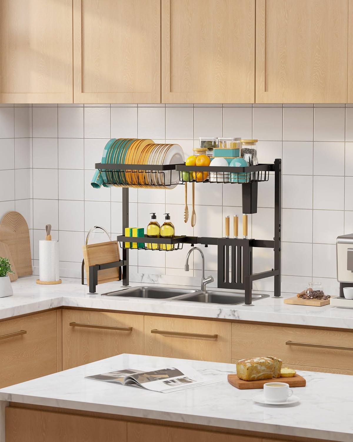 Over-the-Sink 2-Tier Dish Drying Rack, Adjustable Stainless Steel Drainer with Cutlery Holders, 30-33.9x11x21.5", Black