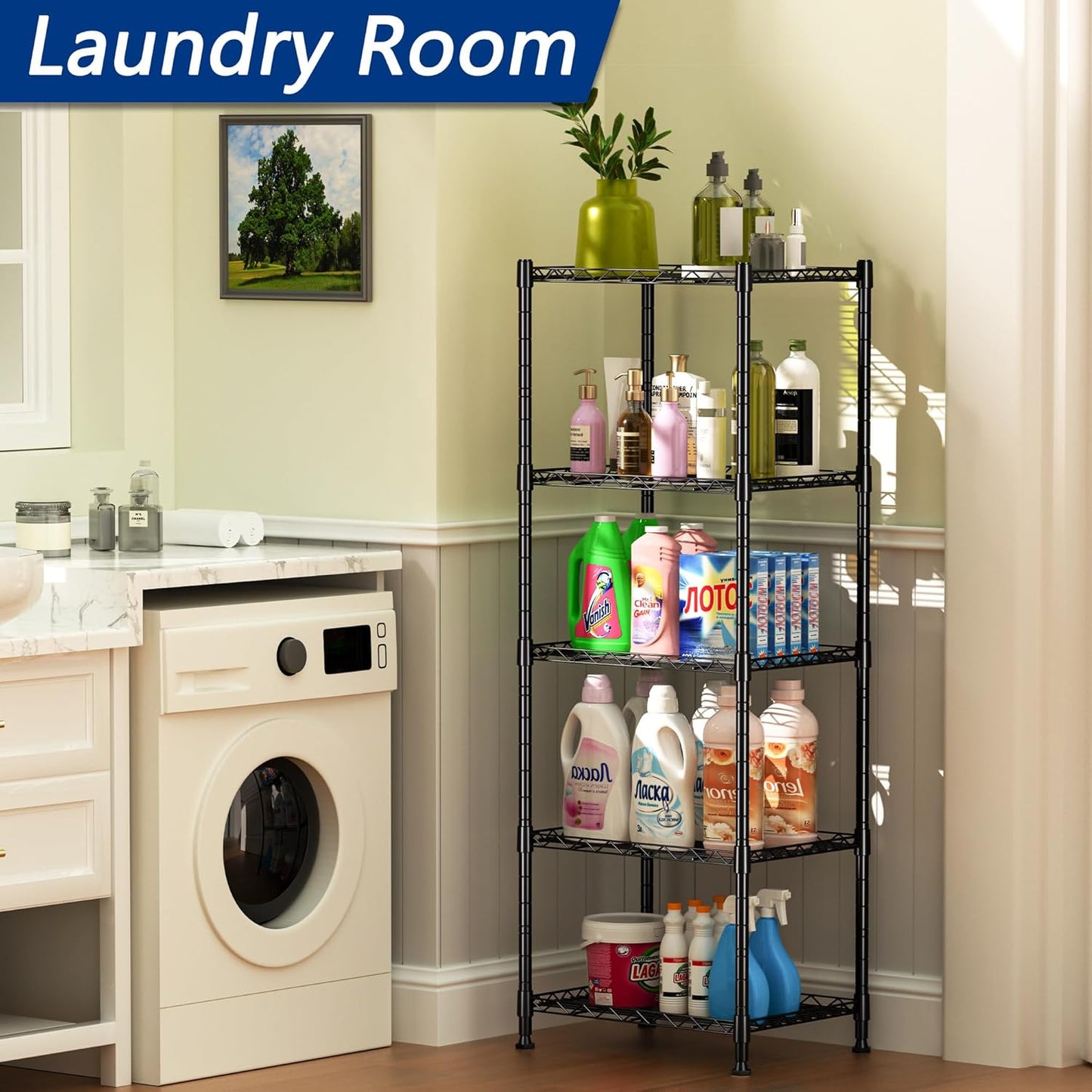 5-Wire Metal Shelving Rack with Adjustable Shelves, Standing Storage Unit for Laundry, Bathroom, Kitchen, Pantry, or Closet, 11.8" D x 16.6" W x 53.5" H, Black
