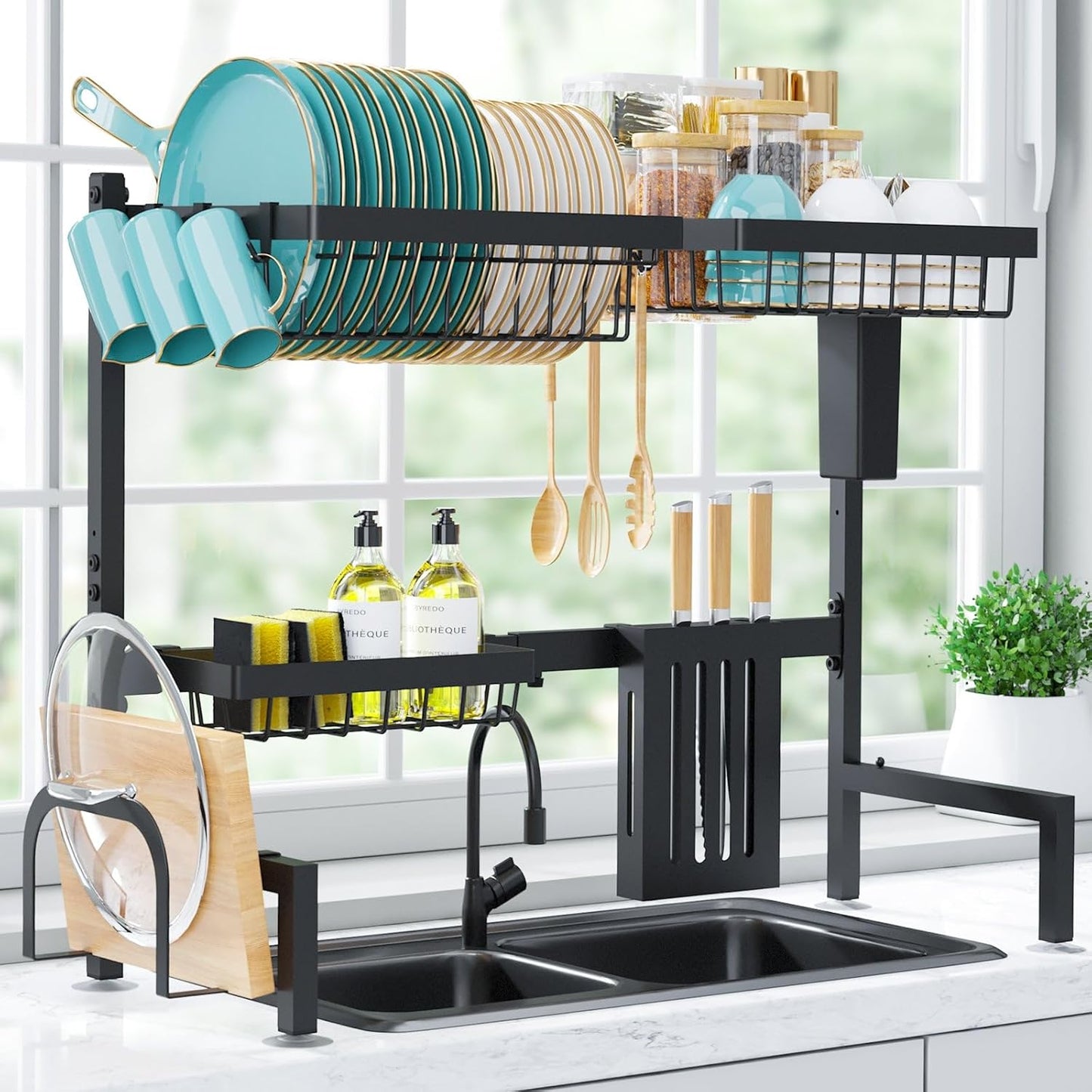 Over-the-Sink 2-Tier Dish Drying Rack, Adjustable Stainless Steel Drainer with Cutlery Holders, 30-33.9x11x21.5", Black