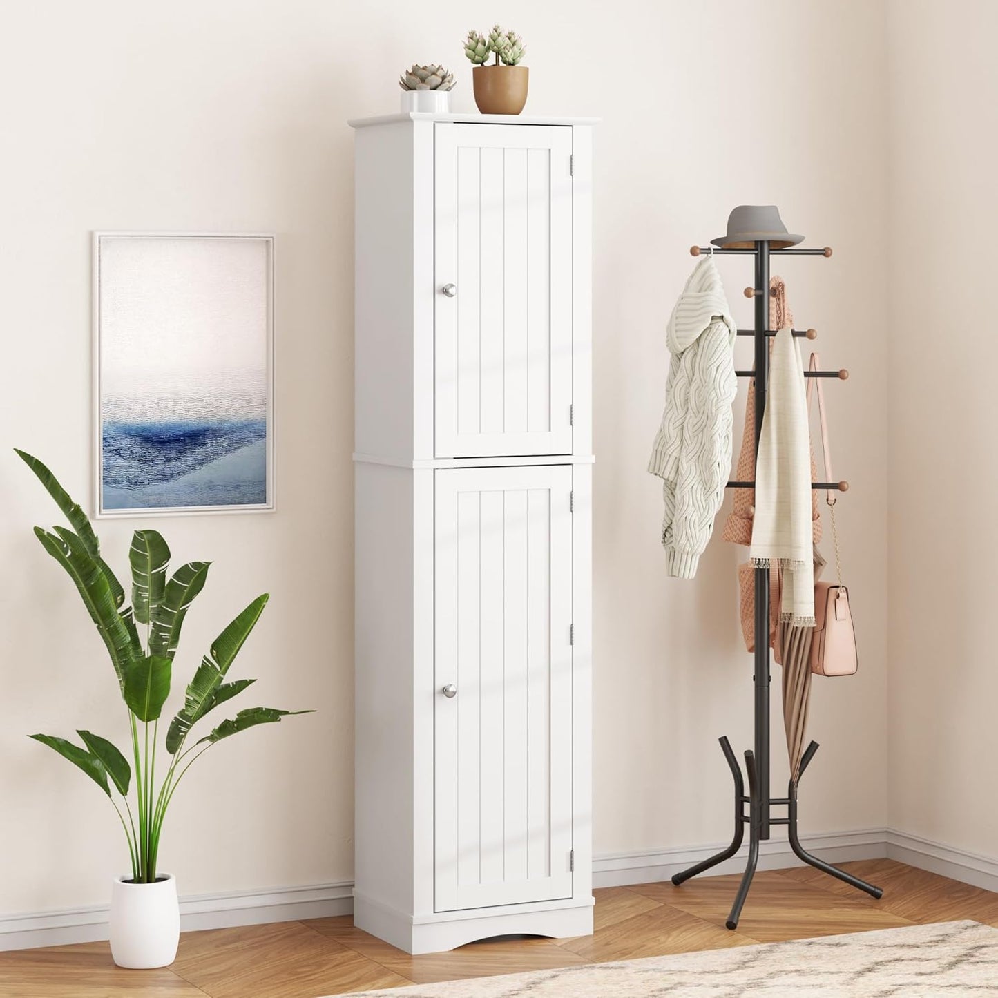 64" White Slim Bathroom and Kitchen Pantry Cabinet with Door Storage, Adjustable Shelves, Freestanding Wood Cabinet for Living and Dining Room