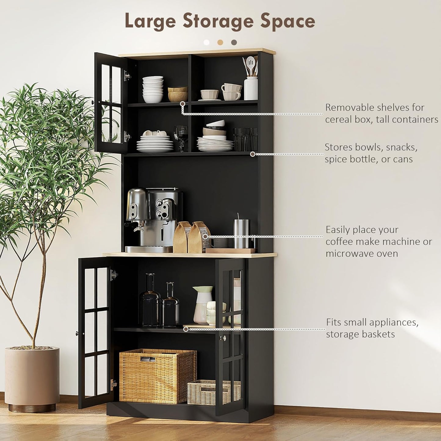 72" Black Freestanding Kitchen Pantry Cabinet with Hutch, Glass Doors, Large Countertop, Adjustable Shelves for Dining Room
