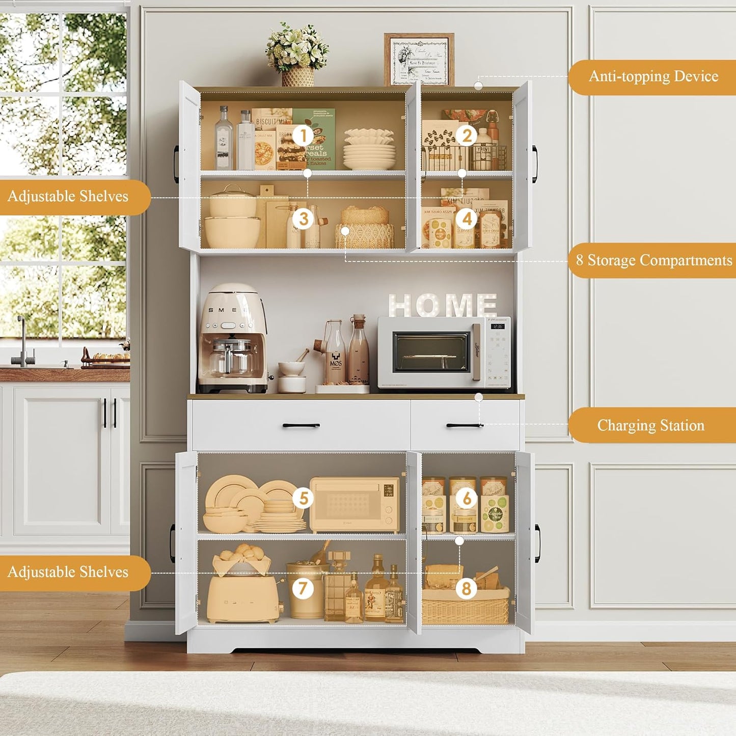 71" White Pantry Cabinet with Charging Station, Microwave Stand, Storage Drawers, Farmhouse Hutch for Kitchen, Dining, Living Room