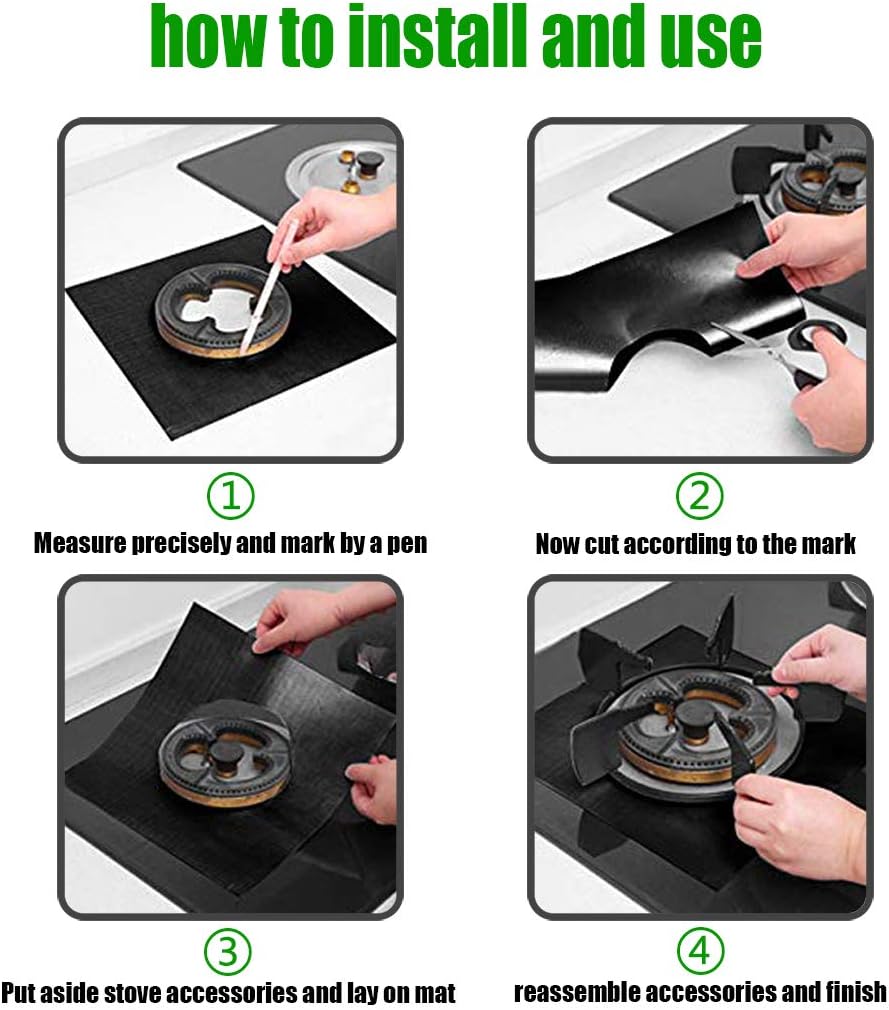 Non-Stick Gas Stove Burner Covers 10.6"x10.6" Black, 8-Pack, 0.3mm Double Thickness, Reusable, Cuttable, Easy Clean