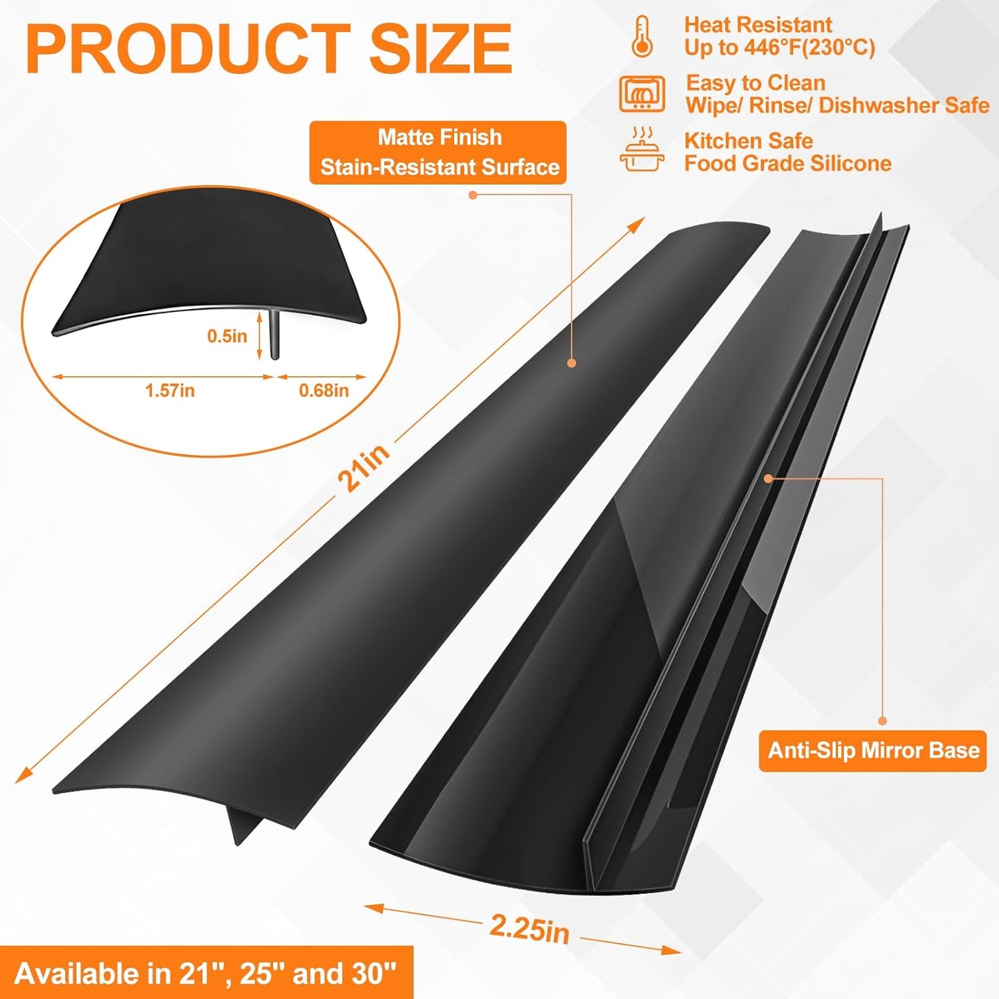 Silicone Stove Gap Covers 2 Pack, Heat Resistant Oven Gap Filler with Anti-Slip Base, Stain Resistant Strips Between Stovetop and Counter