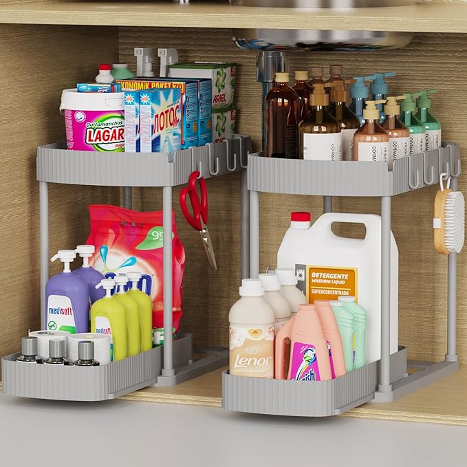 2 Pack Multi-Purpose Pull-Out Storage Organizers, 12.8" Under-Sink and Under-Cabinet Storage for Bathroom & Kitchen, Black