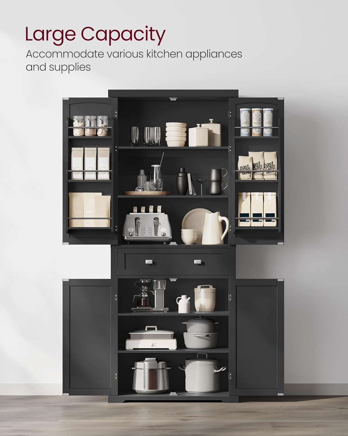 71.7" Ink Black Freestanding Pantry Cabinet with Drawer, 2 Cabinets, 4 Adjustable Shelves, 6 Door Shelves for Kitchen and Living Room