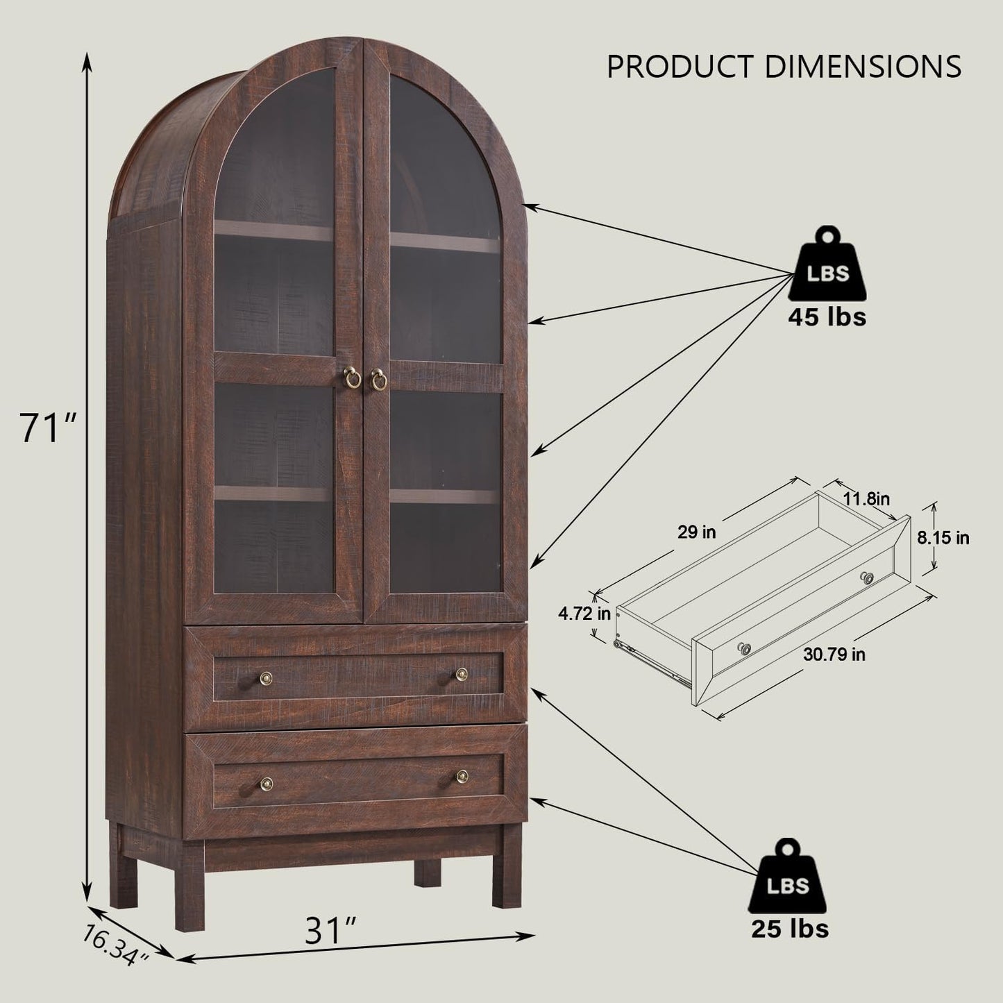 71" Brown Arched Kitchen Pantry Cabinet with 2 Drawers and Adjustable Shelves, Modern Farmhouse Storage for Kitchen, Dining, Bathroom