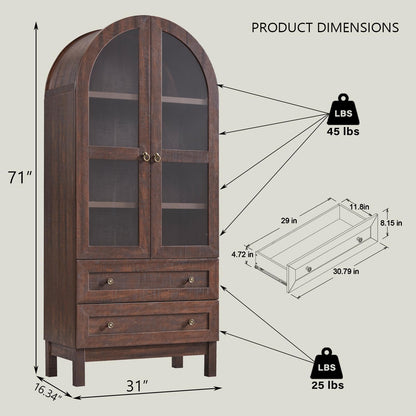 71" Brown Arched Kitchen Pantry Cabinet with 2 Drawers and Adjustable Shelves, Modern Farmhouse Storage for Kitchen, Dining, Bathroom