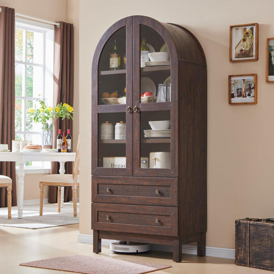 71" Brown Arched Kitchen Pantry Cabinet with 2 Drawers and Adjustable Shelves, Modern Farmhouse Storage for Kitchen, Dining, Bathroom