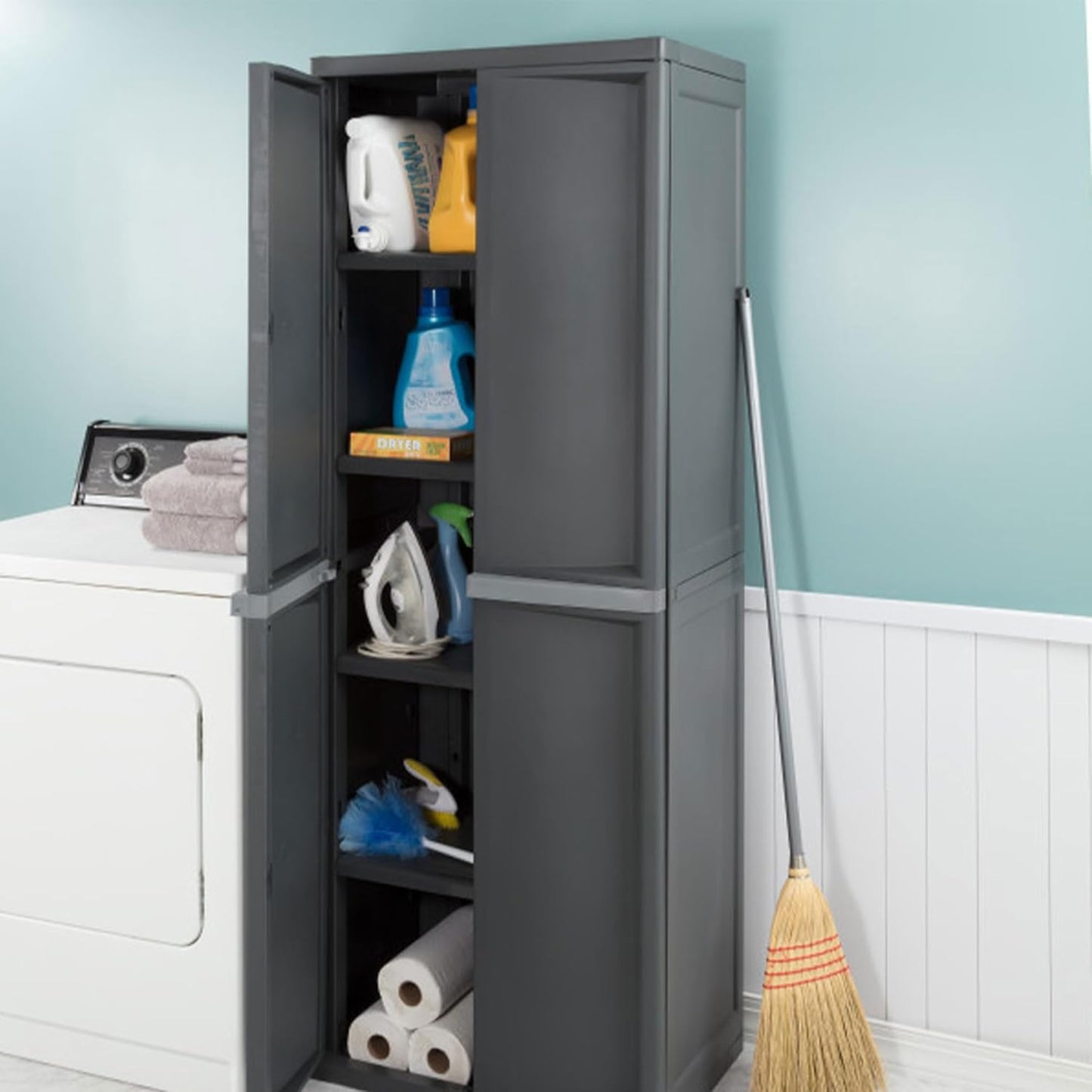 Gray 4-Shelf Lockable Utility Cabinet with Adjustable Shelves, Plastic Storage for Garage, Pantry, Basement, Laundry, Mudroom