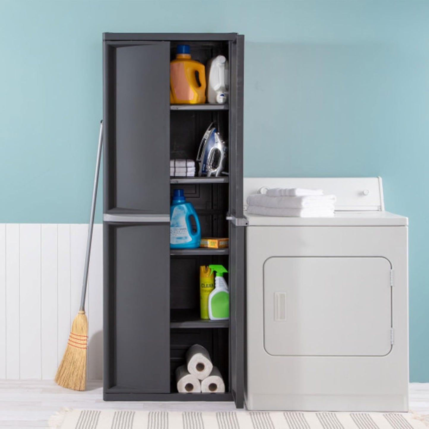 Gray 4-Shelf Lockable Utility Cabinet with Adjustable Shelves, Plastic Storage for Garage, Pantry, Basement, Laundry, Mudroom