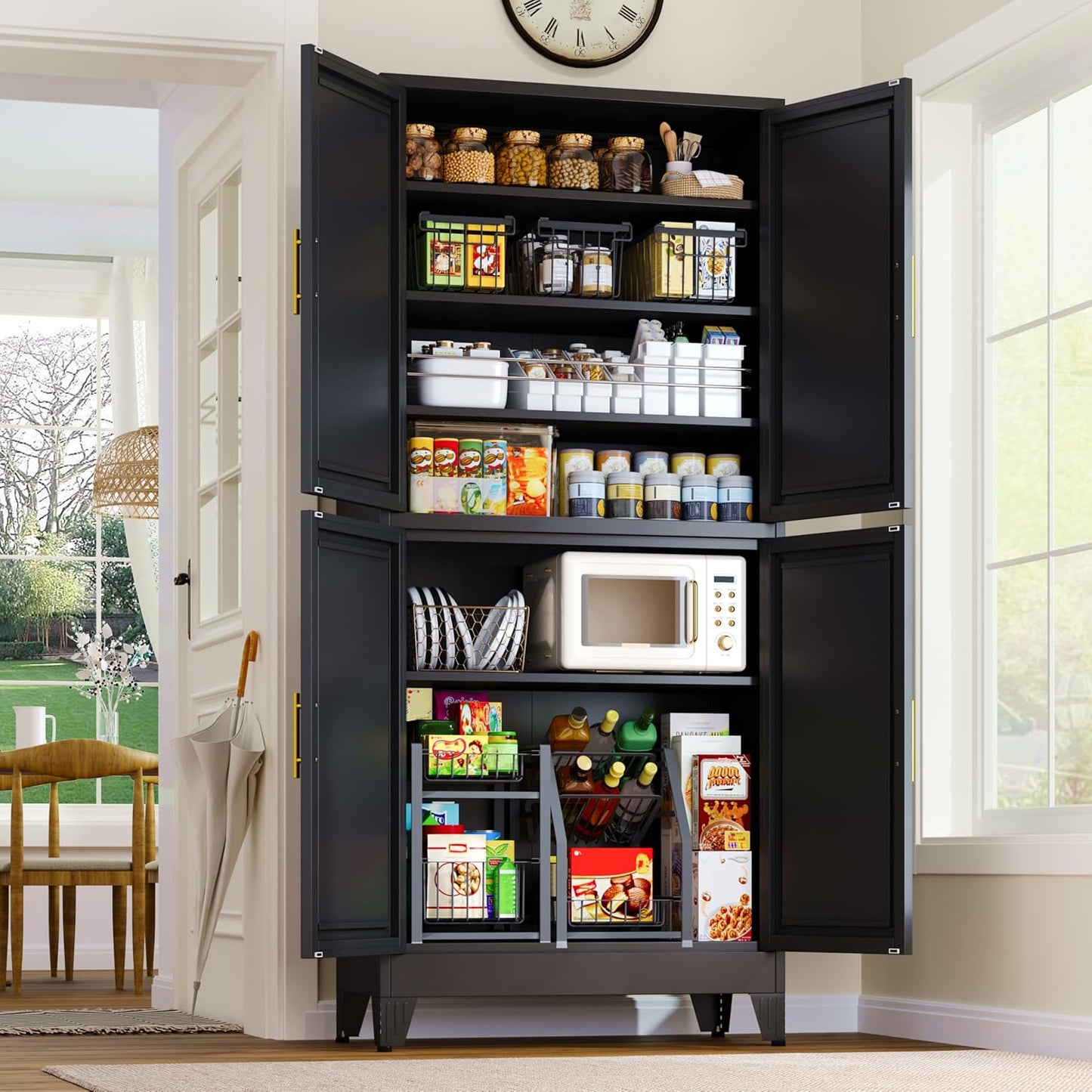 75.2" Tall White Metal Pantry Cabinet with 2 Doors and 5 Adjustable Shelves for Kitchen, Dining Room, Living Room