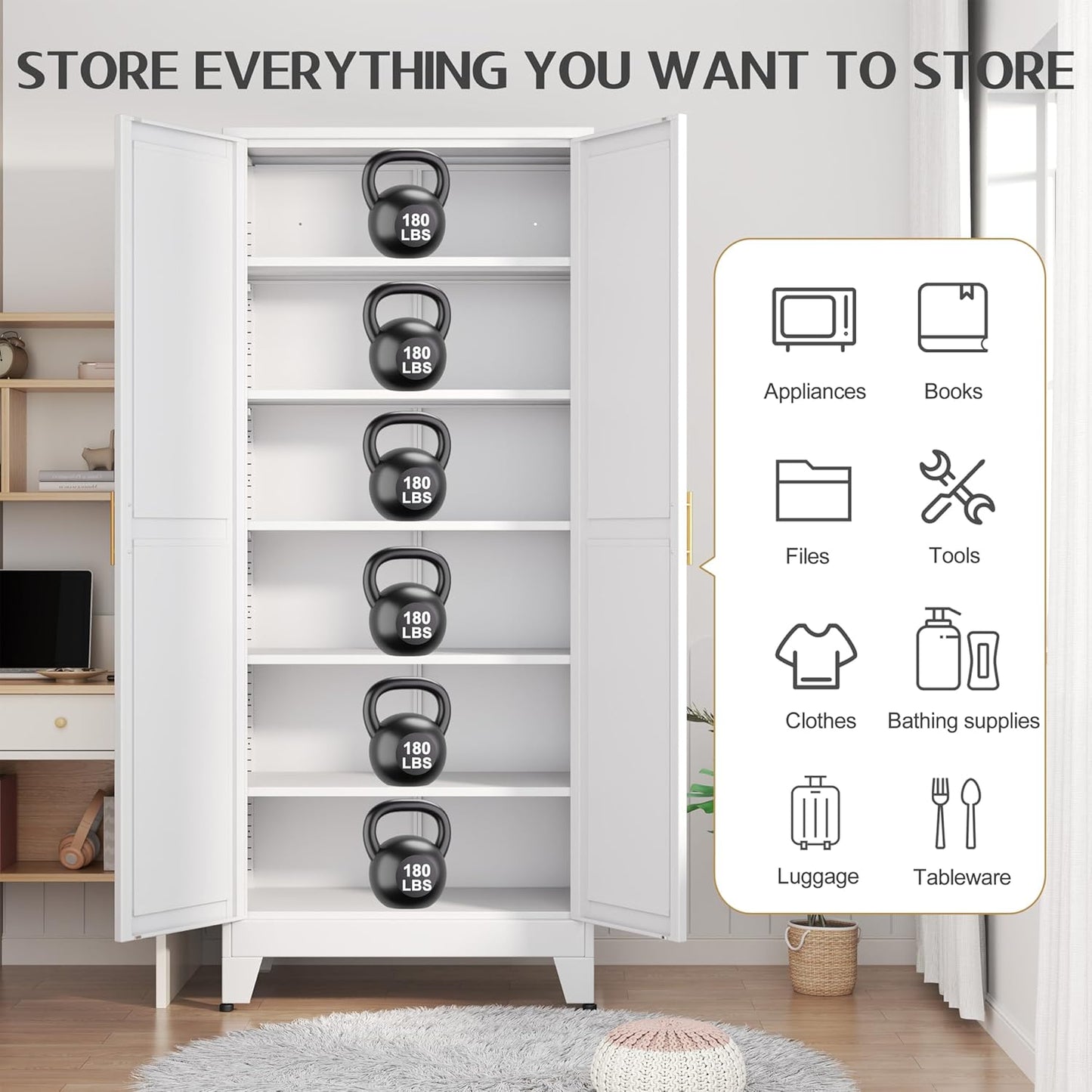 75.2" Tall White Metal Pantry Cabinet with 2 Doors and 5 Adjustable Shelves for Kitchen, Dining Room, Living Room