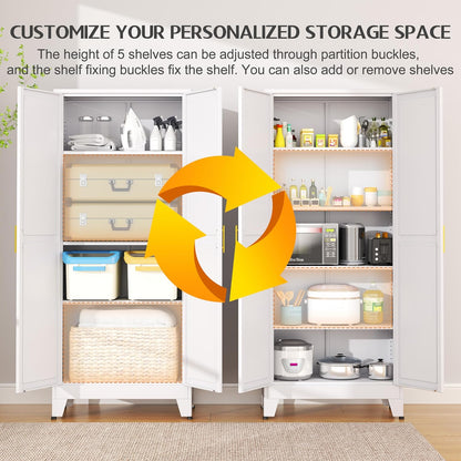 75.2" Tall White Metal Pantry Cabinet with 2 Doors and 5 Adjustable Shelves for Kitchen, Dining Room, Living Room