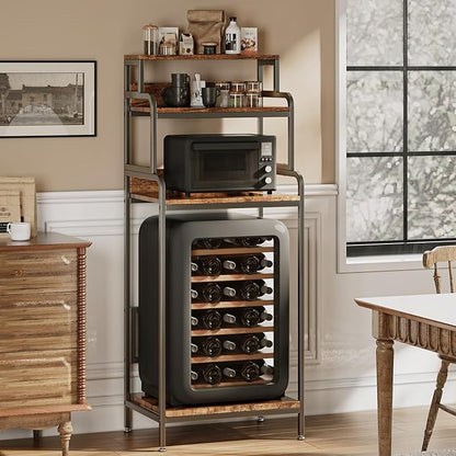 4-Tier Mini Fridge Stand with Storage, Microwave Oven Stand, Bakers Rack, Home, Office, Dorm, Black Wood Grain