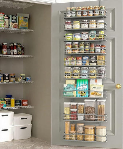 6-Tier Over Door Pantry Organizer, Hanging Metal Spice Rack with Basket Shelves, Kitchen and Bathroom Storage, White