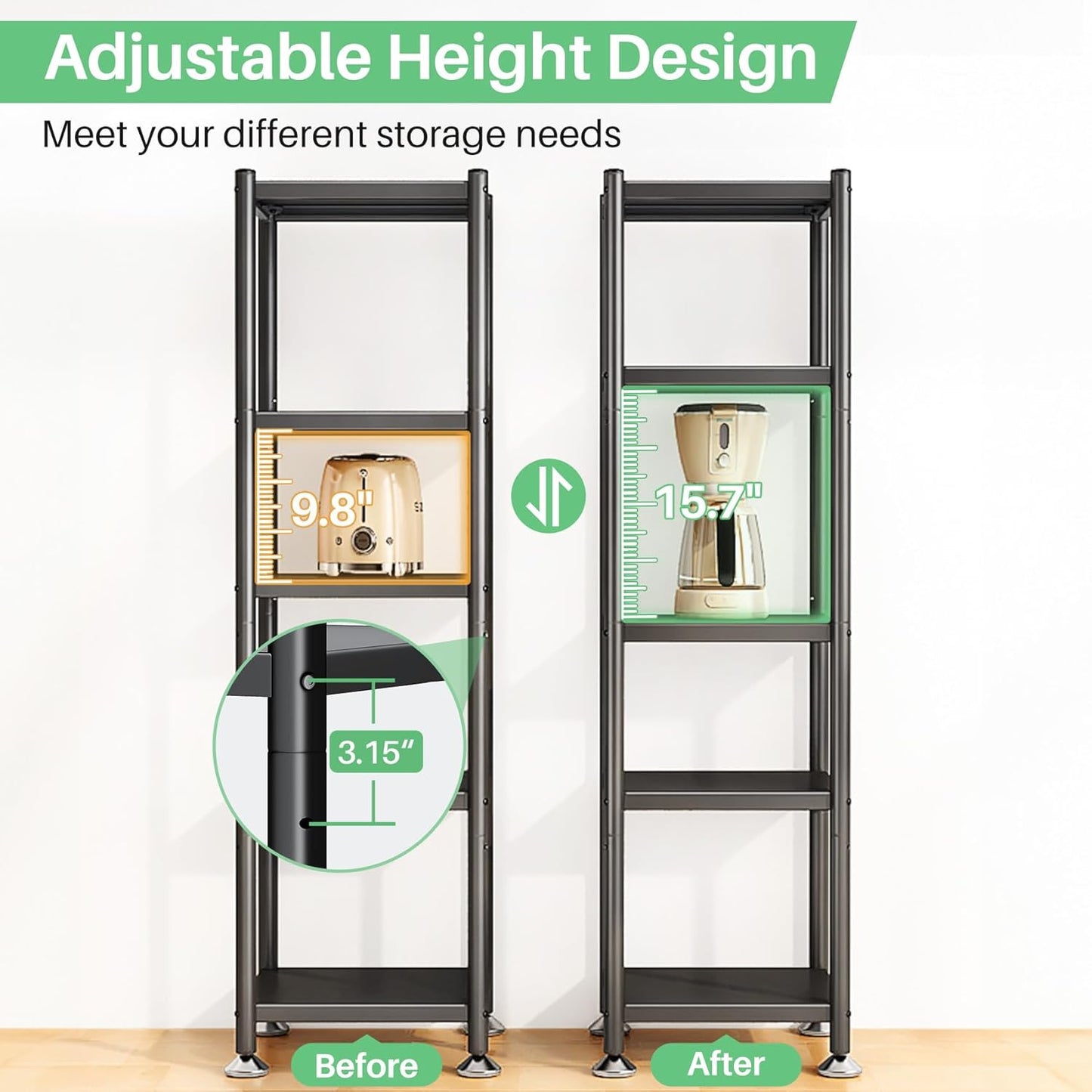 5-Tier Adjustable Kitchen Storage Shelves with Rolling Wheels, Metal Rack Organizer for Pantry, Bedroom, Laundry, Closet