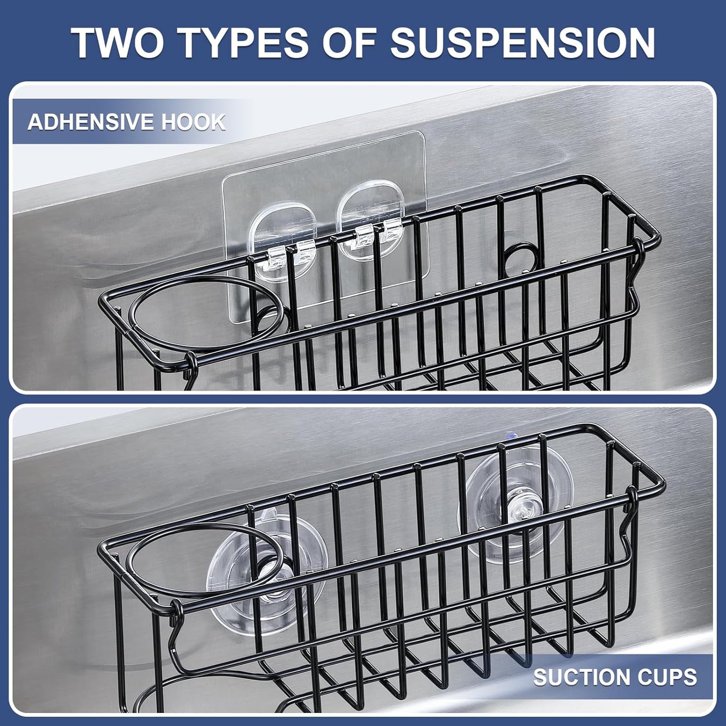 3-in-1 Kitchen Sink Sponge Holder, Hanging Caddy Organizer Rack for Sponge, Dish Cloth, Brush, Scrubber, 304 Stainless Steel, Black, Suction Cup & Adhesive Hook Options
