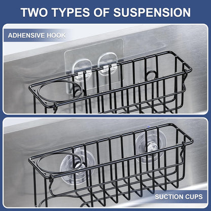 3-in-1 Kitchen Sink Sponge Holder, Hanging Caddy Organizer Rack for Sponge, Dish Cloth, Brush, Scrubber, 304 Stainless Steel, Black, Suction Cup & Adhesive Hook Options